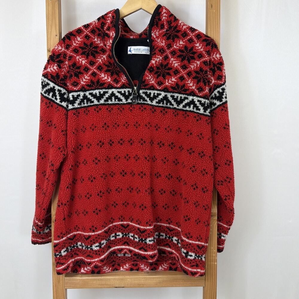 Vintage Marsh Landing Red 1/4 Zip Fleece Pullover Womens MED Made in Taiwan R